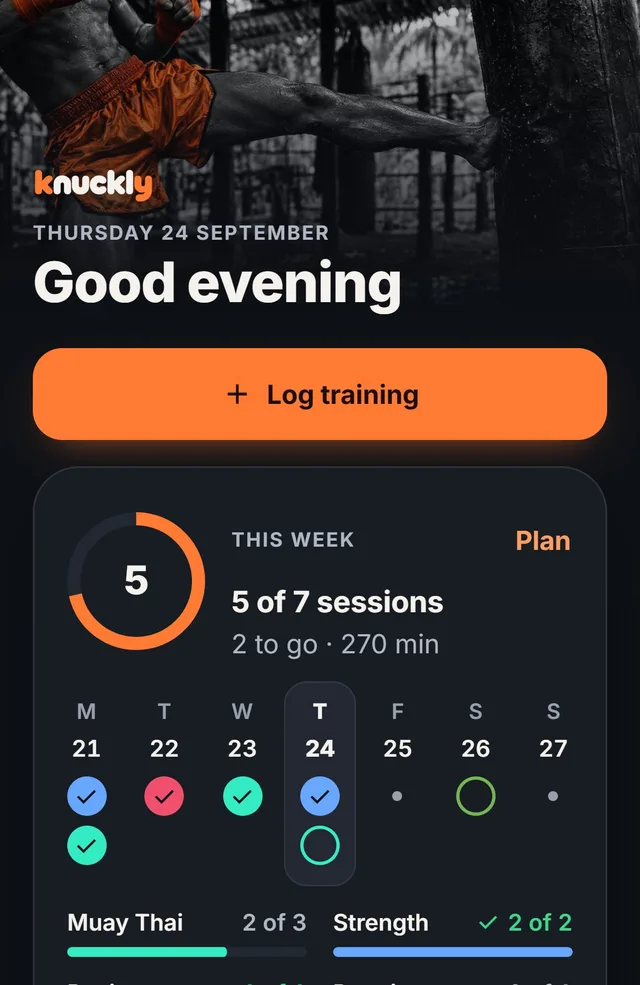 Knuckly's Today screen: a Log training button, 5 of 7 sessions this week, and progress per sport